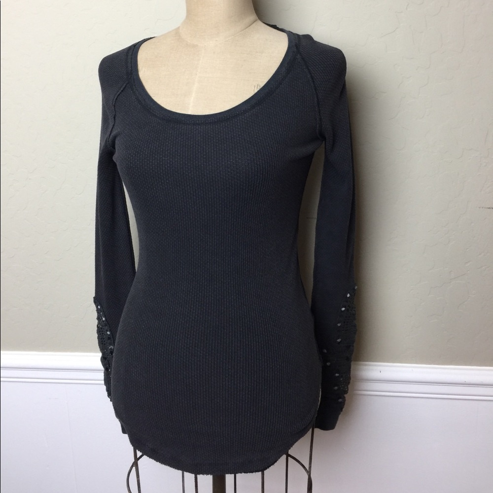 Free People thermal top with lace inset sleeve
